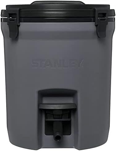 a grey cooler with a black lid