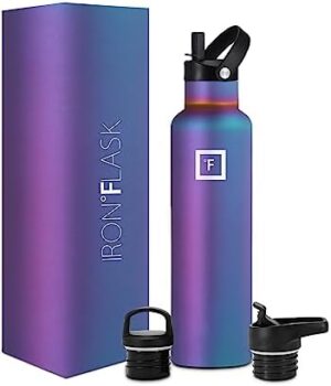 IRON °FLASK Camping & Hiking Hydration Canteens - 3 Lids (Narrow Straw Lid) Leak Proof Vacuum Insulated Stainless Steel - Hot & Cold Double Walled Sports Water Bottle - Aurora, 24 Oz