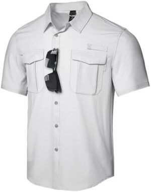 Haimont Men's Sun Protection Shirt Water Resistant Short Sleeve Button Down Shirt Quick Dry Cooling for Hiking Fishing