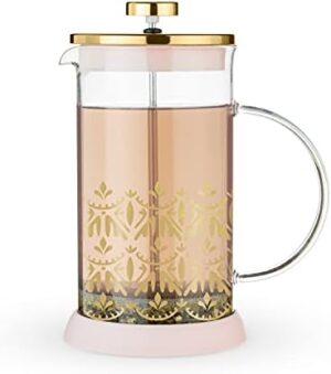 Pinky Up Riley Casablanca Glass Tea Press Pot, Coffee Maker, French Press for Loose Leaf Tea and Coffee, Hot or Iced Beverage Brewer, 34 oz, Pink And Gold