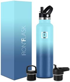 IRON °FLASK Camping & Hiking Hydration Canteens - 3 Lids (Narrow Straw Lid) Leak Proof Vacuum Insulated Stainless Steel - Hot & Cold Double Walled Sports Water Bottle - Blue Waves, 24 Oz