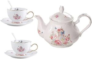 YBK Tech Strengthen Porcelain Coffee Pot Ceramic Teapot- Pink Rose (Teapot+ 2 sets of cup and saucer)