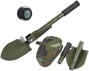 Military Small Folding Camping Shovel, Mini Compact Pickaxe with Carrying Pouch for Gardening, Off Road, Hunting, Car Emergency, Remove Ice (Military Green)