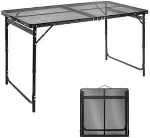 Camping Table 4FT Grill Table Foldable Folding Table Picnic Portable Stand Mesh 3 Height Adjustable Outdoor Card BBQ RV Black 47.2×23.6 inch