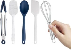 Cook With Color Set of Five MINI Kitchen Utensil Set - Silicone Kitchen Tools, Whisk, Tong, Spatula, Spoonula and Spoon (Blue and White Collection)