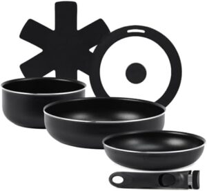 JEETEE Nonstick Pots and Pans Set with Removable/Detackable Handle RV Pots Induction Cookware Stackable Cookware Set for Camping, PFOA Free, Dishwasher/Oven Safe (Black, 10pcs Cookware Set)