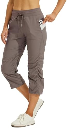 Willit Women's Woven Capris Hiking Travel Pants Striped Workout Drawstring Pants with Pockets Lightweight Quick Dry