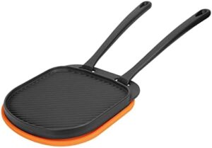 MixRBBQ Cast Iron Skillet Pan - Grizzler Pan with Silicone Mat and 2 Lifting Handle, Pizza Oven Pan for Ooni, Mimiuo Pizza Oven Accessories, BBQ Grilling, Camping Cookware