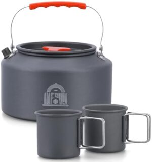 2.5L Camping Kettle Set - Camp Tea Coffee Pot with 2 Cups & Carrying Bag for Outdoor Camping Campfire Hiking Picnic & Backpacking, Gray