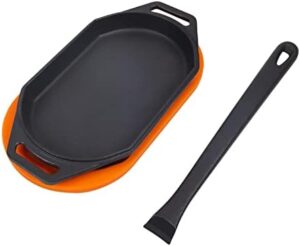 Cast Iron Sizzler Plates-Pizza Oven/Cookware Accessories,Grizzler Pan for Outdoor/Indoor Pizza Oven,Camping,BBQ Grilling and Kitchen,Flat Griddle Skillet Pan with Silicone Mat,1 Lifting Handle