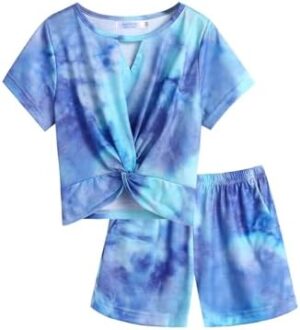 Arshiner Girls Summer 2 Piece Outfits Tie Dye Short Sets Casual Twist Front Short Sleeve Tops and Pant with Pockets