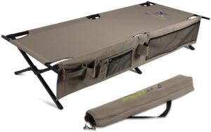 Extremus New Komfort Camp Cot, Folding Camping Cot, Guest Bed, 300 lbs Capacity, Steel Frame, Strong 300D Polyester Surface, Includes Side Storage Organizer, Carry Bag, 75” Long x 35” Wide x 17” Tall