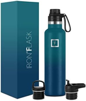 IRON °FLASK Camping & Hiking Hydration Canteens - 3 Lids (Narrow Spout Lid) Leak Proof Vacuum Insulated Stainless Steel - Hot & Cold Double Walled Sports Water Bottle - Dark Night, 24 Oz