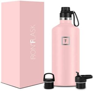 IRON °FLASK Camping & Hiking Hydration Canteens - 3 Lids (Narrow Spout Lid) Leak Proof Vacuum Insulated Stainless Steel - Hot & Cold Double Walled Sports Water Bottle - Rose, 64 Oz