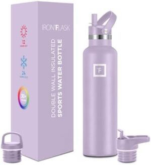 IRON °FLASK Sports Water Bottle - 3 Lids (Narrow Straw Lid) Leak Proof Vacuum Insulated Stainless Steel - Hot & Cold Double Walled Camping & Hiking Hydration Canteens - Lavender, 24 Oz