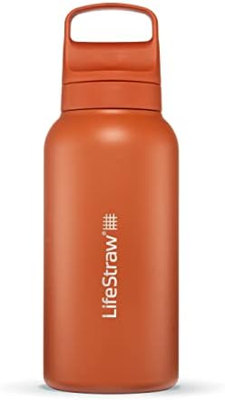 LifeStraw Go Series – Insulated Stainless Steel Water Filter Bottle for Travel and Everyday use removes Bacteria, parasites and microplastics, Improves Taste, 1L Kyoto Orange