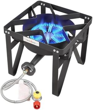 Vivicreate Propane Gas Stove, 185000 BTU High Pressure Outdoor Camping Stove with Regulator, Cast Iron Burner, CSA listed regulator and gas hose,Black (Higher)