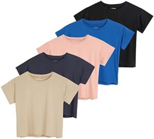 Real Essentials 5 Pack: Women's Dry Fit Crop Top - Short Sleeve Crew Neck Stretch Athletic Tee (Available in Plus Size)