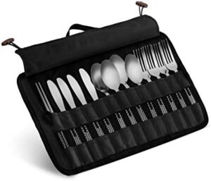 13 Piece Stainless Steel Family Cutlery Picnic Utensil Set with Travel Case for Camping | Hiking | BBQs - Includes Forks | Spoons | Knifes | Chopstick, Plus Nylon Commuter Case (Black)