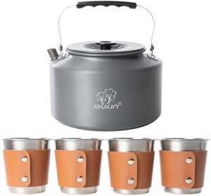 Bulin 2.2L Camping Kettle Set with 4 Cups Lightweight Aluminum Camp Tea Coffee Pot with 4 Stainless Steel Cups for Outdoor Camping Cookware Hiking Backpacking Kitchen Campfire and Picnic, Carrying Bag