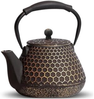 Cast Iron Teapot, 21oz Tea Kettle Stovetop Safe with Infuser for Loose Leaf & Coffee, Japanese Honeycomb Pattern Tea Pot Coated with Enameled Interior, Silicone Handle, 600ml Black