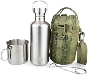 Canteen 42oz Single Wall Water Bottle with 24oz Nested Camping Cup and Carrier Bag, Stainless Steel, Bushcraft Gear, Wide Mouth Water Bottle, Survival Gear, Water Boiler, Self Reliance