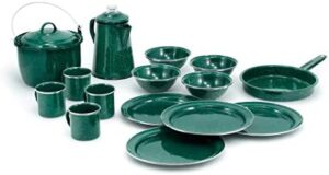 GSI Outdoors Camp Dinnerware Set I 4-Person Set Includes Pioneer Enamel Percolator, Frypan, Kettle, Bowls, Plates & Coffee Mugs