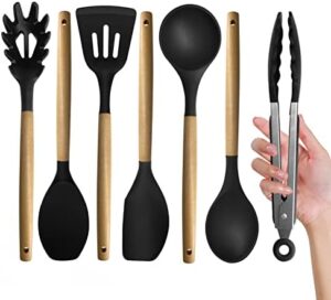 Silicone Kitchen Utensils Set, 7 Pieces Silicone Utensil Set With Acacia Wood Handles, Including Pasta Server, 9" Tong, Baking & Salad Spatula, For BBQ, Camping, Outdoor Cooking (Black)