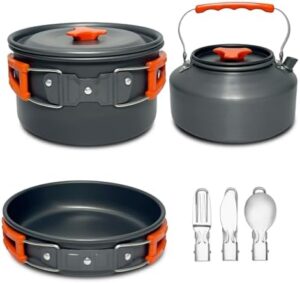 Camping Cookware Set, Non-Stick Lightweight Camping Pot and Pan Set with Stainless Steel Kettle Plates Spoon for Backpacking, Hiking, Outdoor Cooking and Picnic