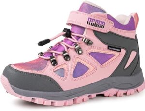 Kids Hiking Boots Waterproof Girls Hiking Boots Durable TPR Traction Outsole Anti-Skid Athletic Hook and Loop Drawstring Closure