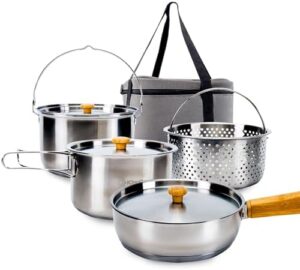 KingCamp Camping Cookware Set 304 Stainless Steel Campfire Cooking Pots Pan and Kettle with Travel Tote Bag for Camping Outdoor Kitchen Cooking Picnic for 4-6