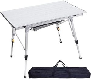 ERYTLLY Folding Camping Table, Outdoor Portable Picnic Table with Adjustable Legs, Lightweight Aluminum Beach Table with Roll Up Table Top and Mesh Layer, for Backyards, BBQ and Party