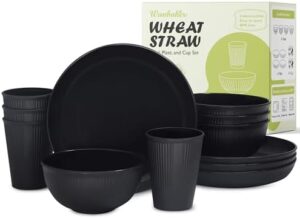 12pcs Wheat Straw Dinnerware Sets for 4, Kitchen Unbreakable Plates and Bowls Sets for College Dorm Apartment Resuable Black