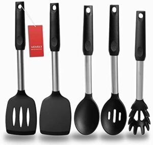 Silicone Spatula and Cooking Spoon,5 Pack Non-Stick Cooking Utensils for Kitchen，Heat Resistant Solid & Slotted Spoons and Spatulas, Stainless Steel Handle Coated with Silicone,Black