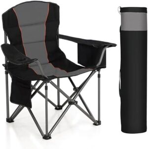 Oversized Portable Camping Folding Chair, Heavy Duty Foldable Outdoor Chair, Camp Chair with Cup Holder and Cooler Bag Support 450 LBS, Black…