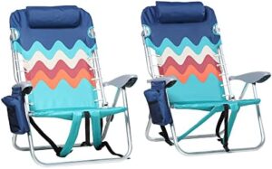 GREEN PARTY Backpack Beach Chairs 2 Pack Aluminum Lightweight Folding Reclining Beach Chairs with 4 Positions, Cooler Bag, Towel Bar and Armrest for Outdoor Camping Lawn, Support 250LBS, Blue