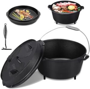 Dutch Oven 9.5 Quart with Feet, Dutch Oven Iron Pot with Dual Function Flanged Lid Skillet, Lid Lifter Handle, perfect for Camping Home Cooking BBQ Baking, 10.5L (9.5 Quart Bright Black)