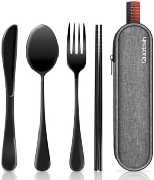 Travel Utensils with Case, Quatish Portable Silverware Set for Work, 304 Stainless Steel Reusable Travel Cutlery Set, Fork and Spoon Set for Camping, Picnic, Gadgets, Lunch Box for Men, Black