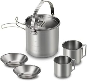 Lixada 5PCS Camping Cooking Set Stainless Steel Kettle with 2 Cups 2 Bowls Foldable Handles Lid Large Capacity Portable Tea Coffee Water Cooking Pot for Camping Hiking Picnic Outdoors