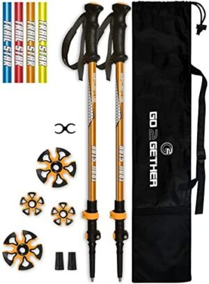 G2 Telescopic Trekking Poles/Aluminum Alloy/Comfort BMM Handle/Foam Padded Wrist Strap/Auto-Adjustable Strap/Quick Flip Lock/Snow Baskets Attached (Pack of 2 Poles), Orange/Blue/Yellow/Red