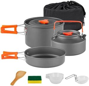 YETO Camping Cookware Set Hard-Anodized Aluminum Foldable Backpacking Camping Pots and Frying Pans Cooking Camp Kitchen Camping Mess Kit Eco-Friendly Cooker Set for 2-3 Persons,MediumGrey