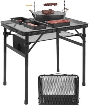 Camping Table, 2x1.3 FT Portable Folding Grill Table, Lightweight Height Adjustable Metal Picnic Table with Mesh Desktop and Mesh Bag, Outdoor Table for Camping, Picnic, Beach and BBQ