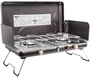 2-Burner Propane Camping Stove, Portable Camping Grill/Stove with Adjustable Burners, Camping Cooking with Wind Guards, 21,000 Total BTUs of Power, Beach Cookouts, Backyard BBQ, Tailgating