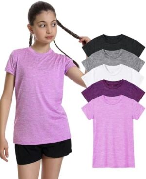 5 Pack Girls Athletic Shirts Short Sleeve Dry Fit Sports T-Shirts Crew Neck Activewear Tees Tops for Kids Teens