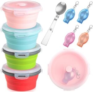 4 Set Camping Bowl with Lid Collapsible Silicone Bowl with Foldable Stainless Steel Fork Salad Bowl Portable Folding Fork Set for Travel Picnic Camping Utensils