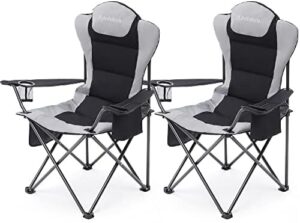 2 Pack Camp Chairs for Heavy People, Outdoor Folding Camping Chairs with Cup Holder & Cooler Bag for Outside Supports up to 300lbs (2 Pcs, Black)