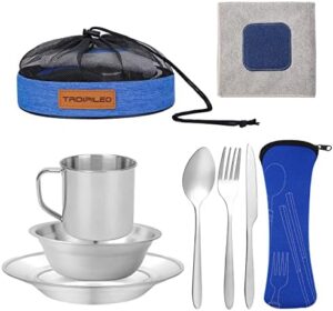 Camping Cutlery Set, 8 Piece Stainless Steel Cutlery Set Including Cutlery Spoons Mug Bowls & Plates Rags, Organizer Straps Easy to Carry for Backpacking, Camping, Hiking and Picnics