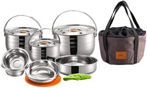 CAMPINGMOON Stainless Steel Outdoor Camping Nesting Mess Kit Cookware Set Pots Pans with Storage Carrying Bag