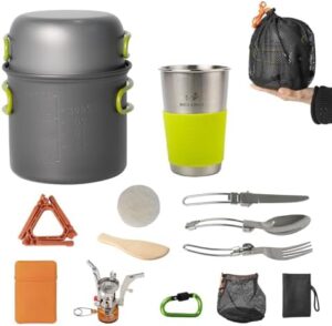 14pcs Camping Cookware Mess Kit with Lightweight Pot, Stove, Spork and Carry Mesh Bag, Great for Backpacking Outdoor Camping Hiking and Picnic