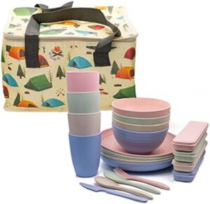 Generic Camping Plates and Bowls Set – 21Pcs Wheat Straw Dinner Set with Dinner Plates, Bowls, Cups and Cutlery – Premium BBQ Set with Cute Colours and Matte Finish – Includes Insulated Bag